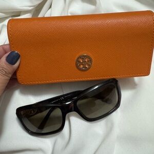 Tory Burch Orange Wallet and Black Sunglasses